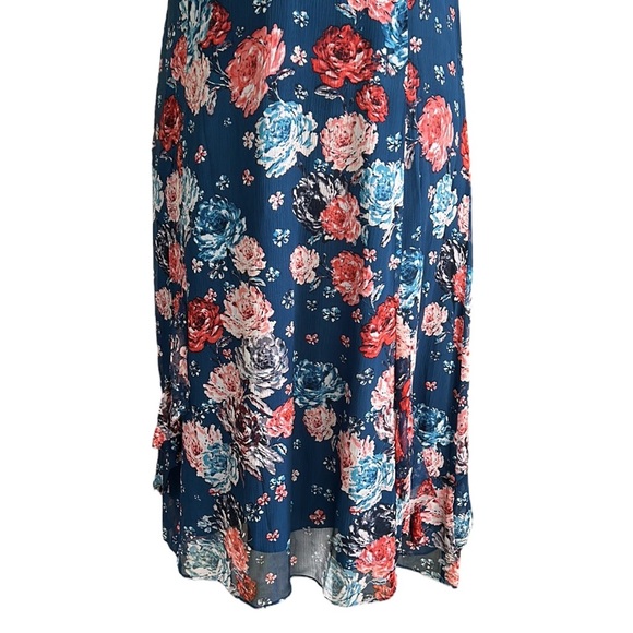 Sundance Silk Crinkly Chiffon Navy Blue Floral Print Ruffle Midi Dress - 14 - Picture 7 of 10